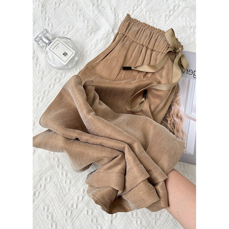 French Brown Pockets Elastic Waist Silk Wide Leg Pants Summer