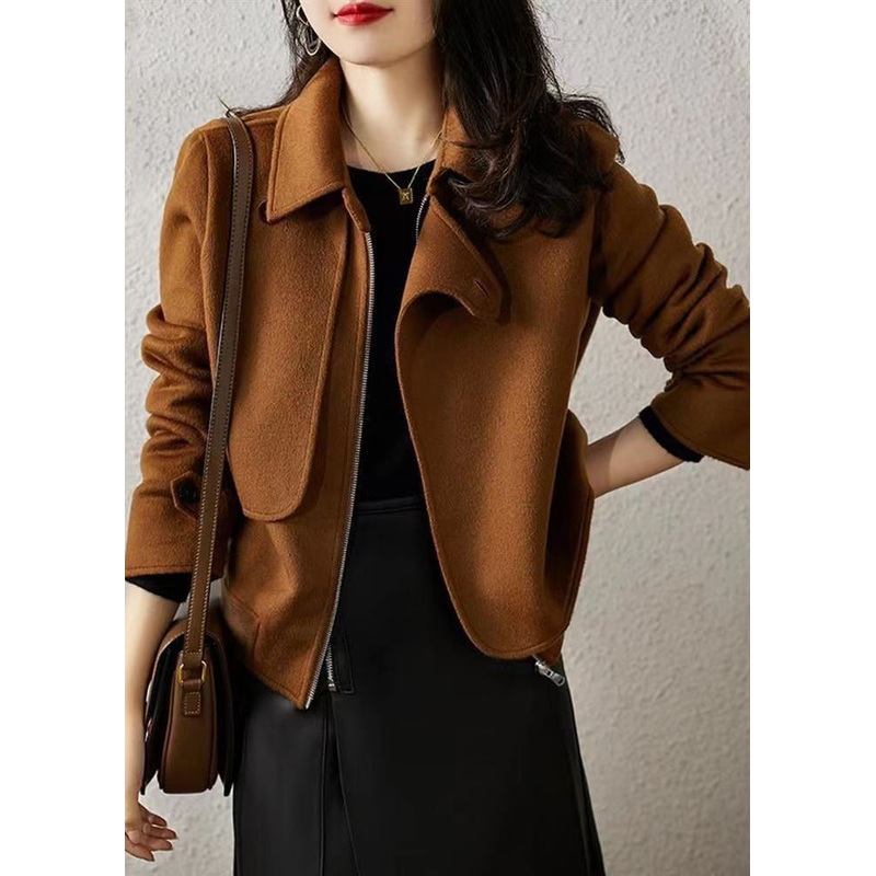 French Brown Zip Up Button Patchwork Woolen Coats Fall