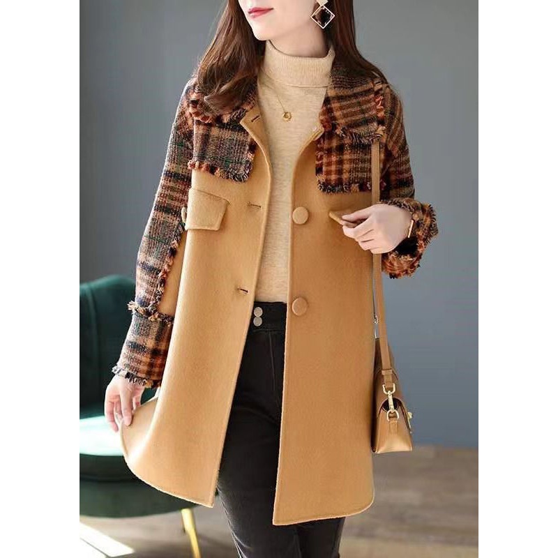 French Camel Plaid Button Patchwork Woolen Coat Winter