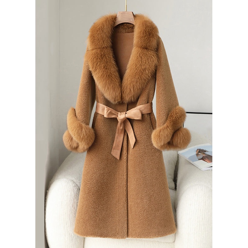 French Coffee Button Pockets Patchwork Fuzzy Fur Coat Winter