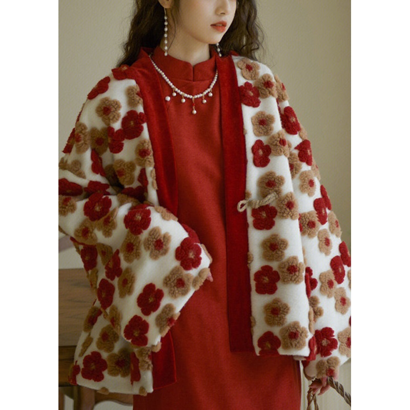 French Red V Neck Floral Warm Coat Winter