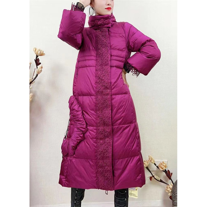 French Rose Zippered Lace Patchwork Duck Down Long Coat Winter