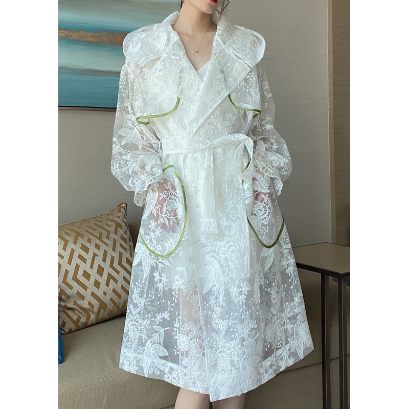 French White Embroideried Pockets Patchwork Lace Hooded Coat Fall