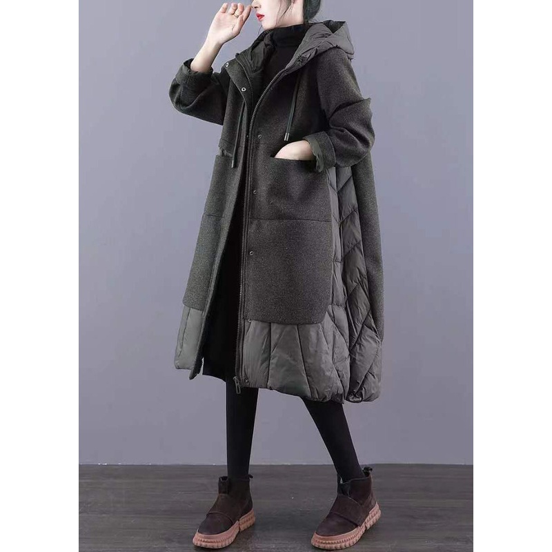 Green Pockets Patchwork Thick Long Coat  Zip Up Long Sleeve
