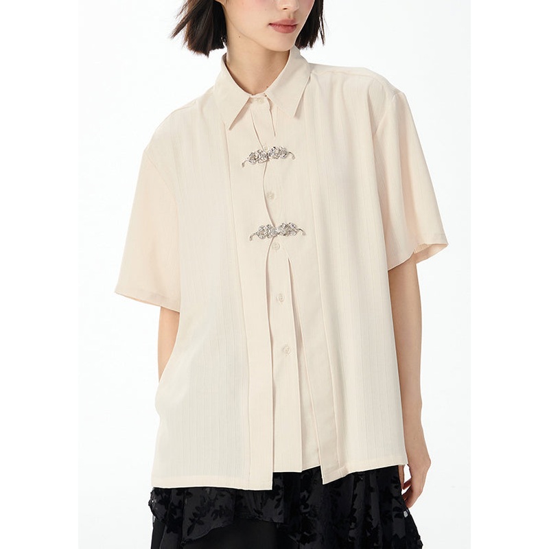 Italian Beige Peter Pan Collar Button Patchwork Chiffon Shirt Top Short Sleeve