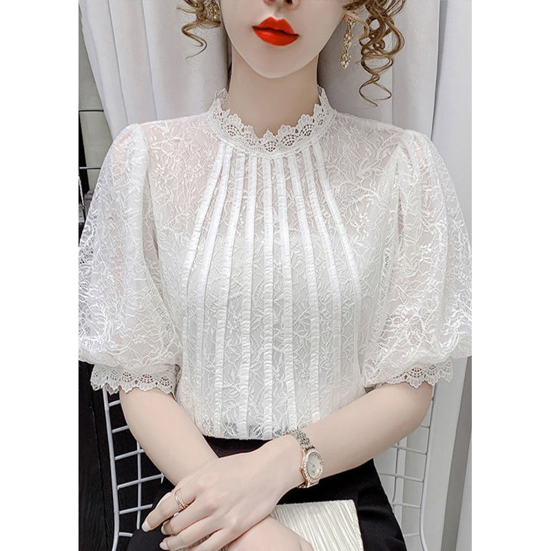 Italian White Wrinkled Patchwork Lace Tops Puff Sleeve