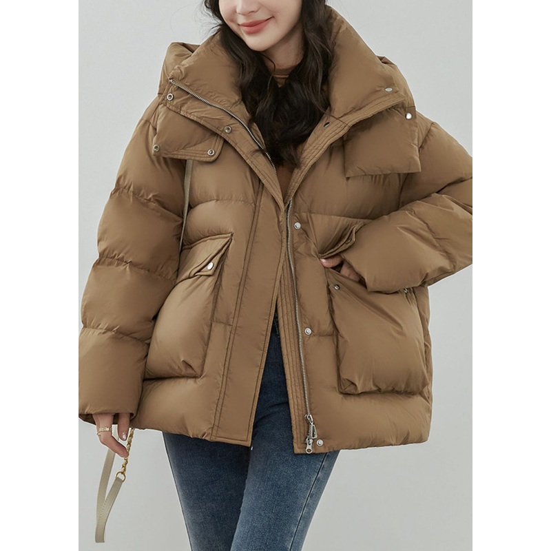 Khaki Button Patchwork Duck Down Coat Hooded Long Sleeve
