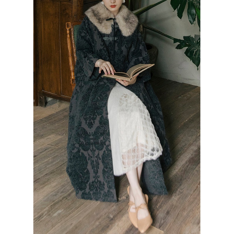 Loose Black Fur Collar Print Button Woolen Coats Long Sleeve