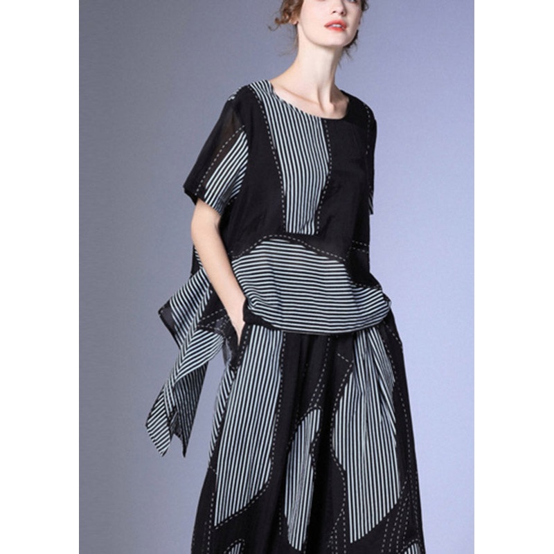 Loose Black Striped Patchwork Silk Tops Short Sleeve