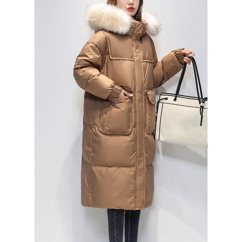 Loose Coffee Fur Collar Hooded Pockets Duck Down Long Coat Winter
