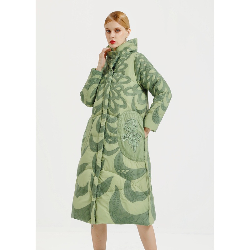 Loose Green Hooded Embroideried Patchwork Duck Down Long Coat Winter
