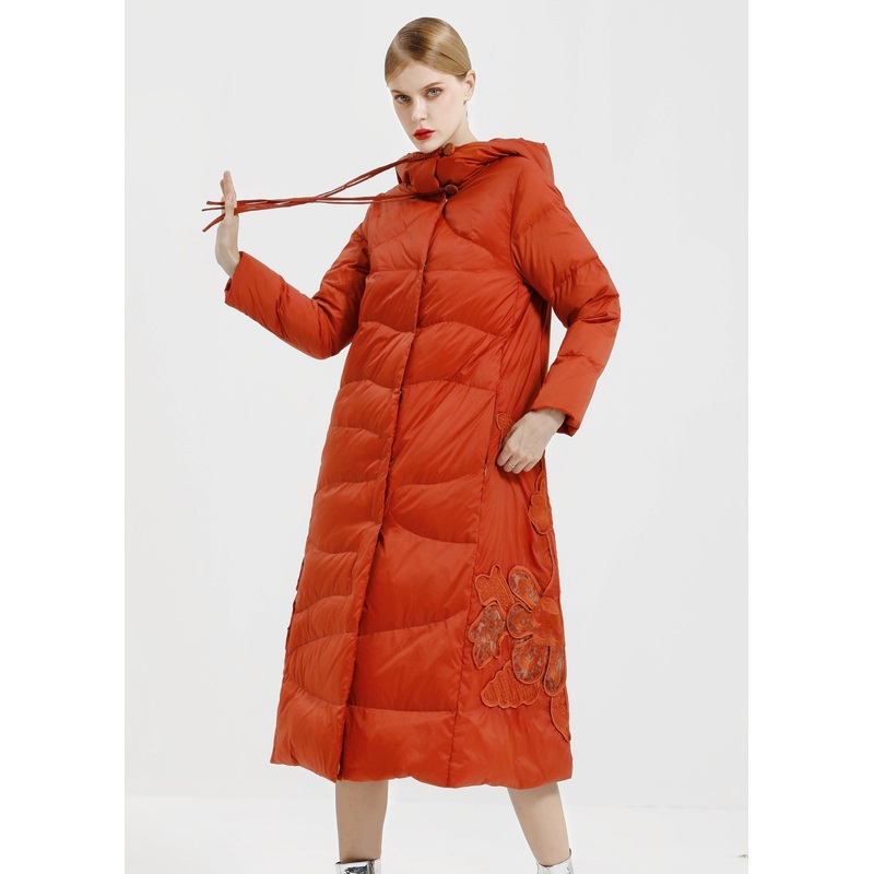 Loose Orange Hooded Button Patchwork Duck Down Down Long Coats Winter