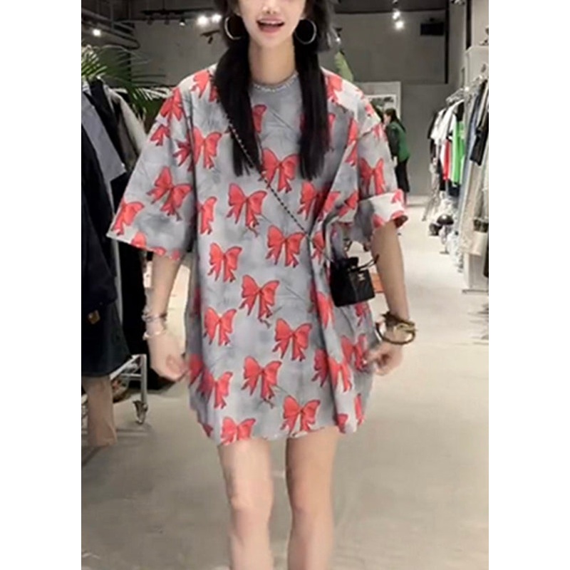 Loose Red O-Neck Bow Print T Shirt Summer