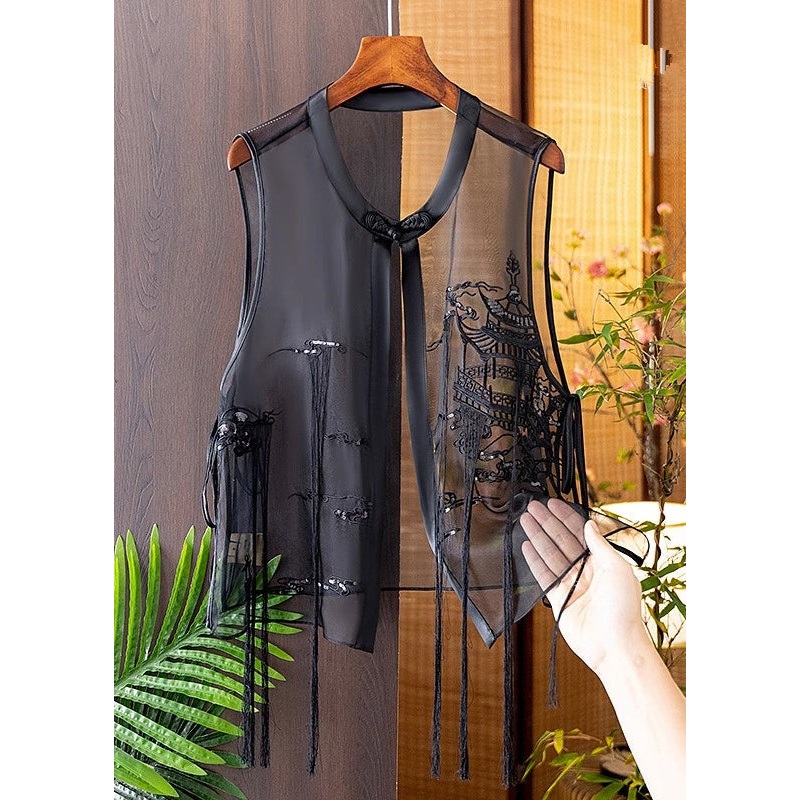 Modern Black O-Neck Embroidered Silk Waistcoat Summer