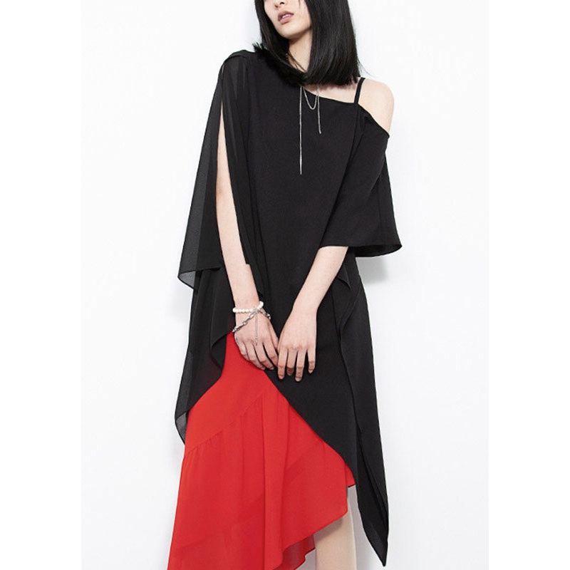 Natural Black Slash Neck Asymmetrical Chiffon Top Summer