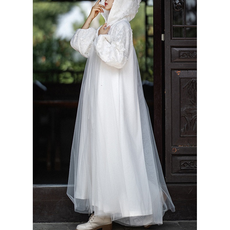 Natural White Embroideried Patchwork Tulle Hooded Trench Fall
