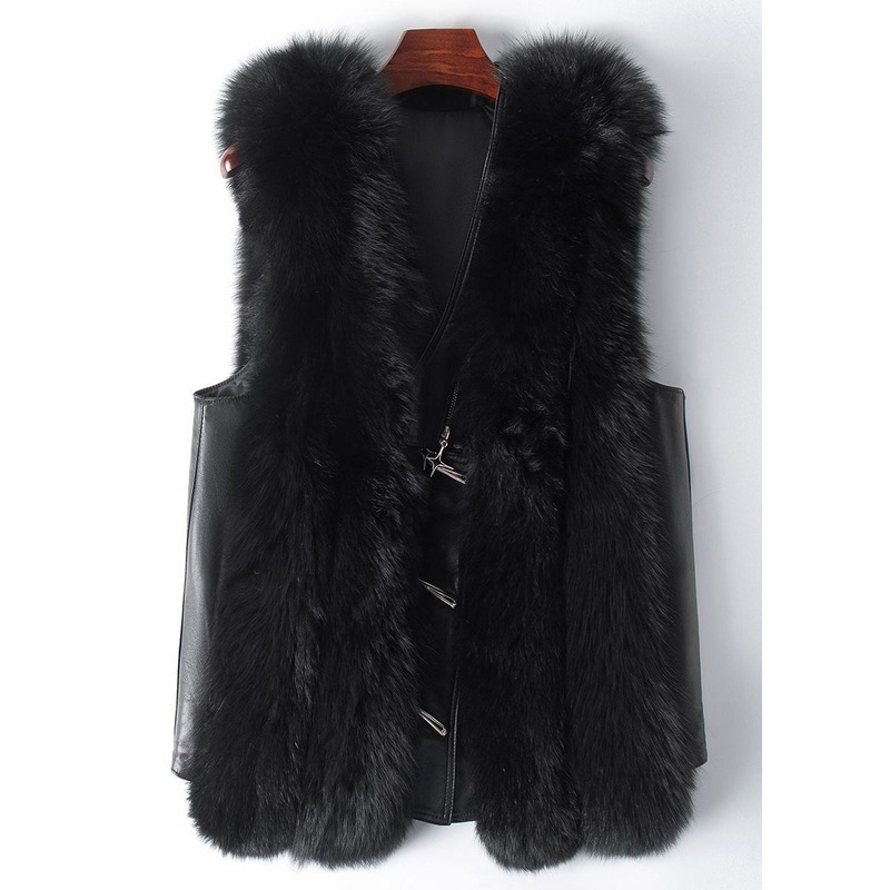New Black Button Patchwork Leather And Fur Waistcoat Sleeveless