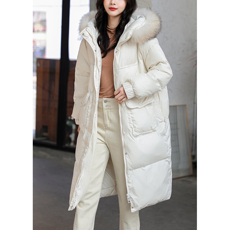 New White Hooded Zippered Duck Down Long Coat Long Sleeve