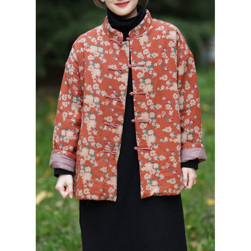 Orange Stand Collar Button Cotton Filled Parka Winter