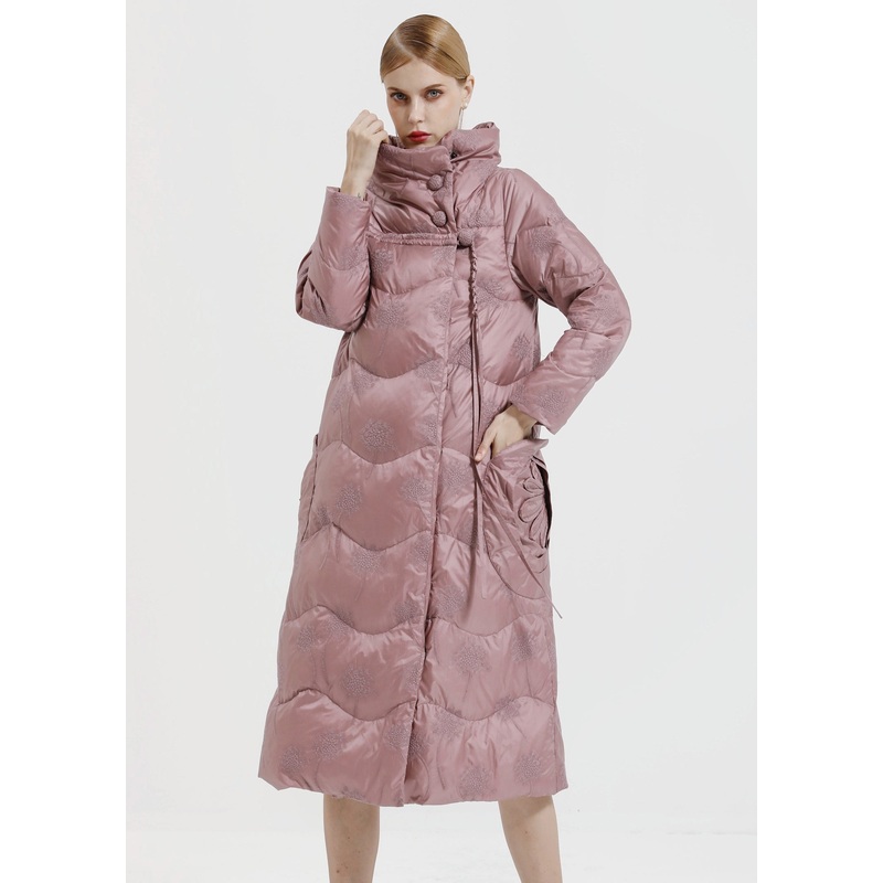 Organic Light Purple Stand Collar Tasseled Patchwork Duck Down Long Coats Long Sleeve