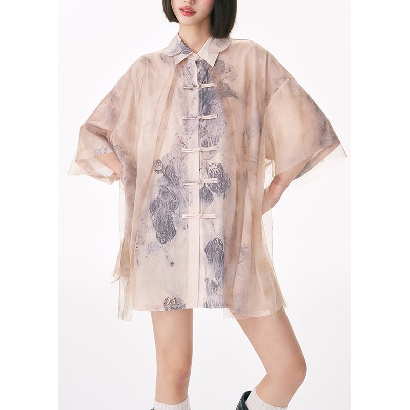 Original Design Peter Pan Collar Tie Dye Tulle Patchwork Cotton Shirt Top Summer