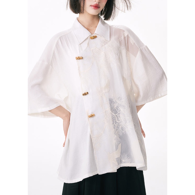Original Design White Embroideried Tulle Patchwork Cotton Shirt Summer