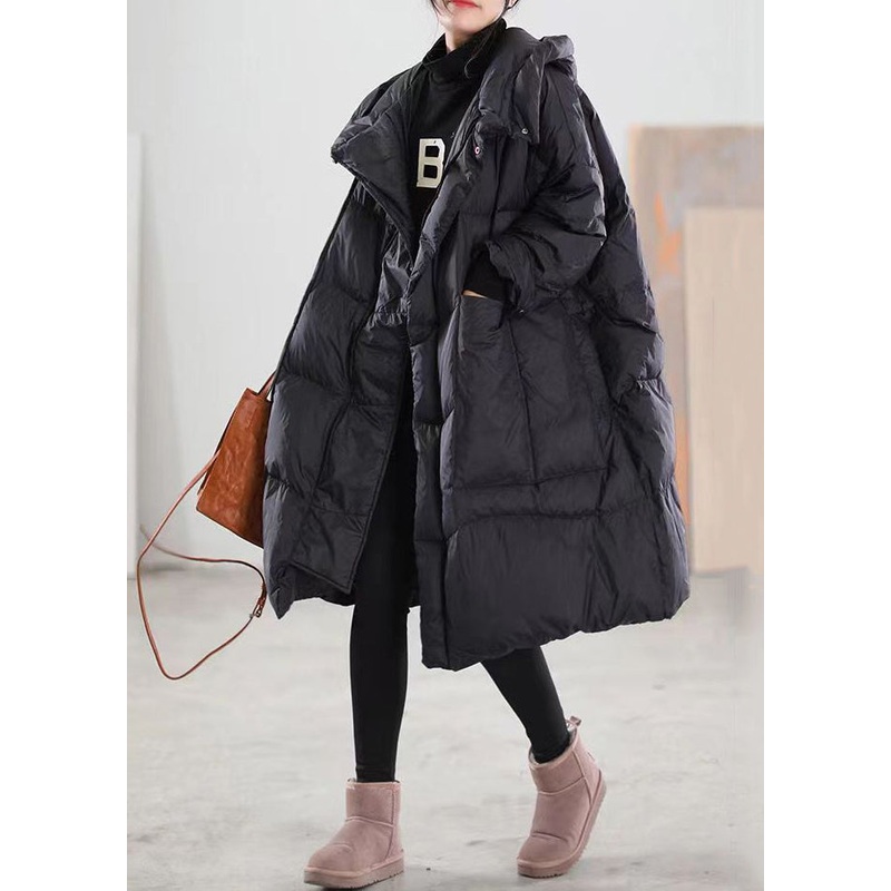 Plus Size Black Hooded Pockets Patchwork Duck Down Coat Winter