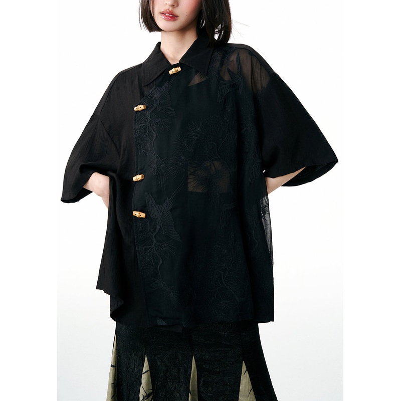 Plus Size Black Peter Pan Collar Embroidered Patchwork Tulle Blouses Fall