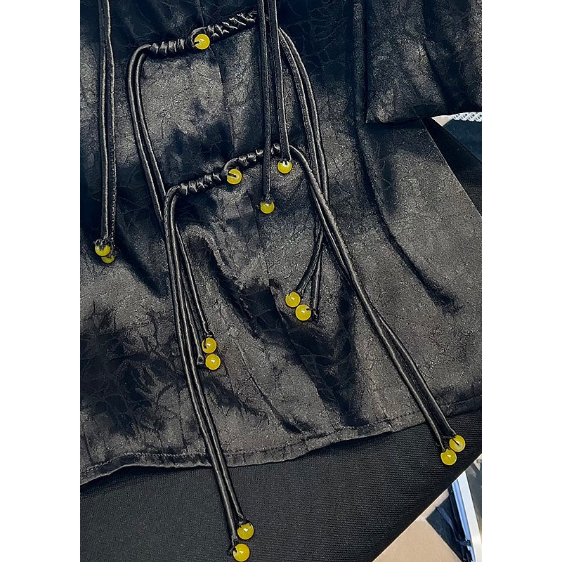 Plus Size Black Tassel Button Satin Shirt Puff Sleeve