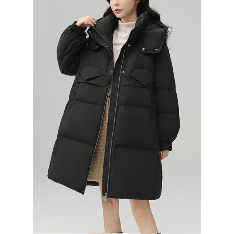 Plus Size Black Zippered Pockets Patchwork Duck Down Coat Winter