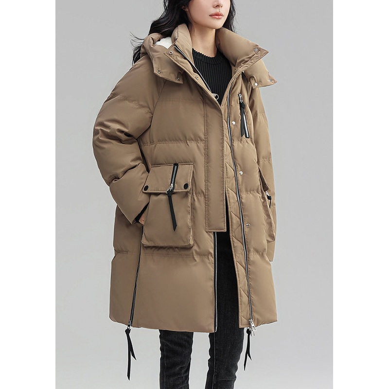 Plus Size Khaki Hooded Button Patchwork Duck Down Coat Winter