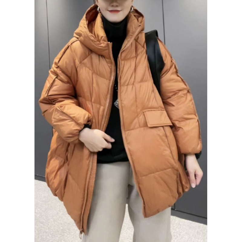 Plus Size Orange Hooded Zippered Patchwork Duck Down Coat Long Sleeve
