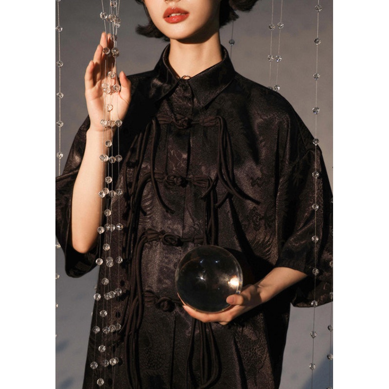 Retro Black Chinese Button Tasseled Patchwork Silk Shirt Tops Summer