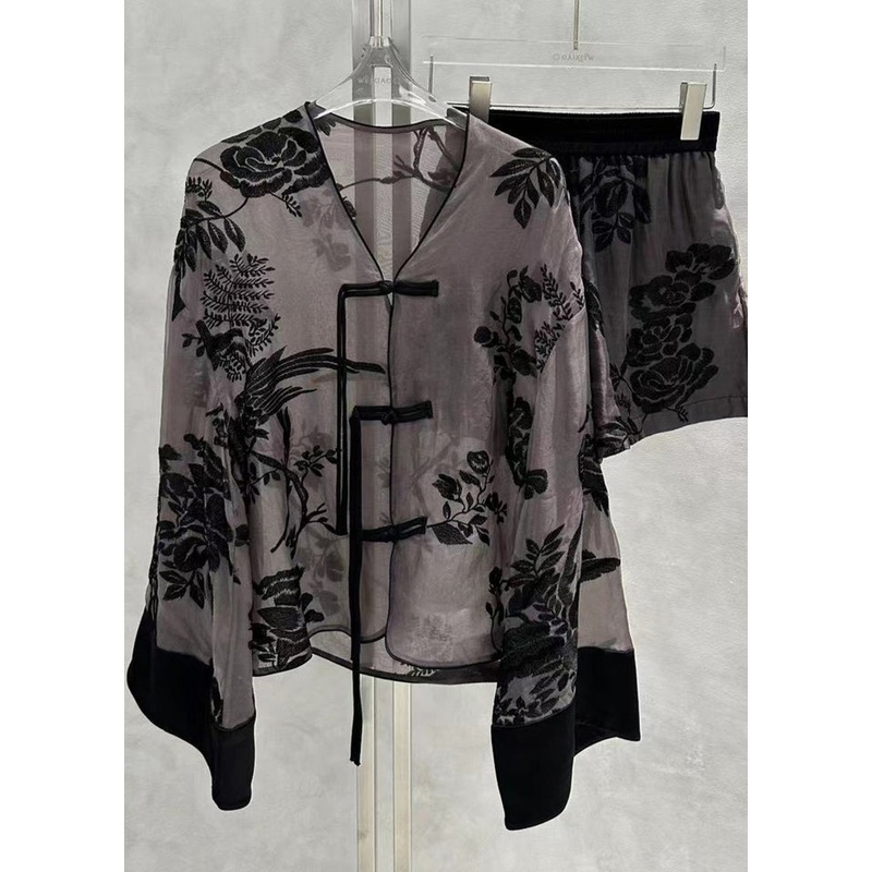 Retro Black Tasseled Jacquard Button Patchwork Silk Sets 2 Pieces Fall
