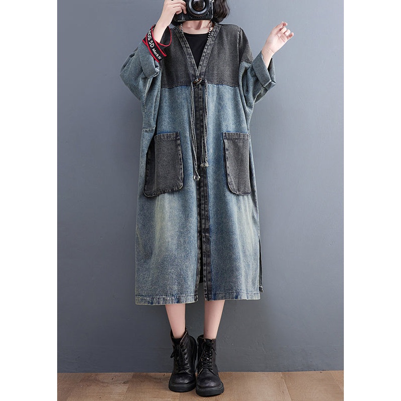 Retro Blue V Neck Pockets Patchwork Button Denim Long Trench Coats Fall