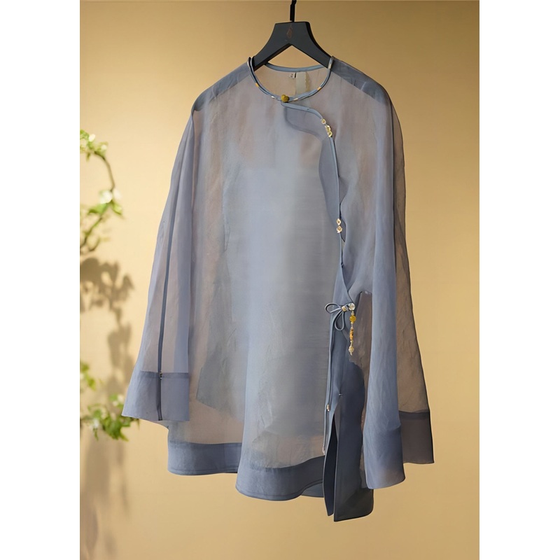 Retro Grey Tasseled Button Patchwork Tulle Shirts Summer