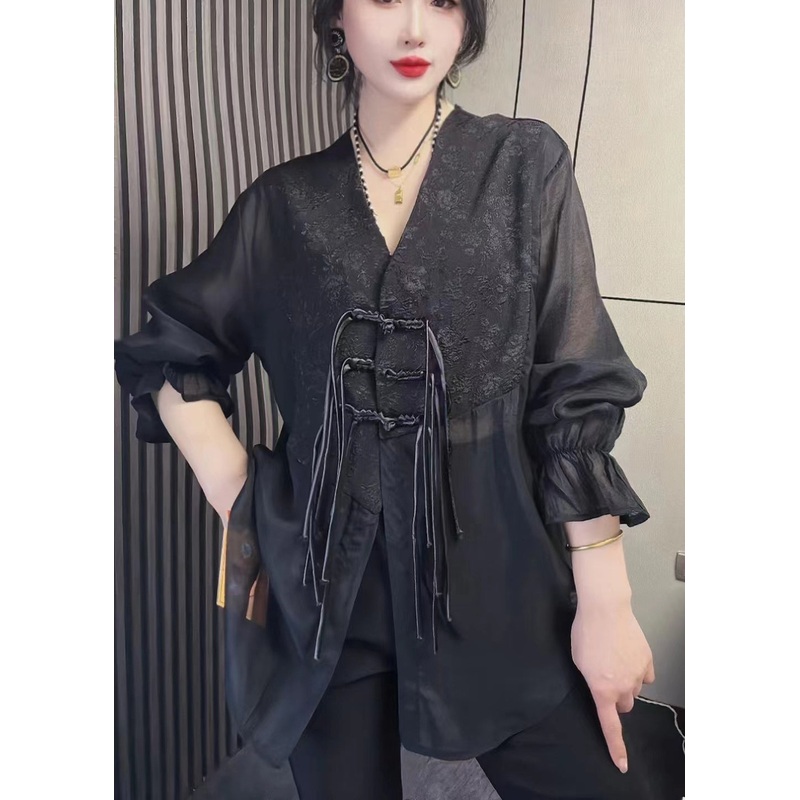 Simple Black V Neck Solid Chiffon Shirts Fall
