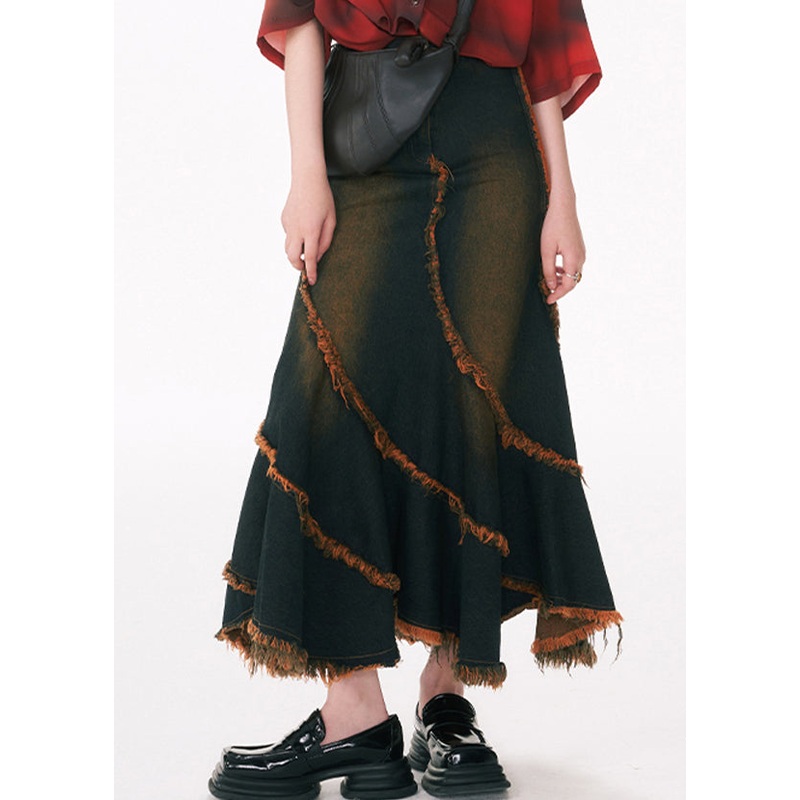 Slim Fit Blue Asymmetrical Tasseled Patchwork Denim Skirt Fall