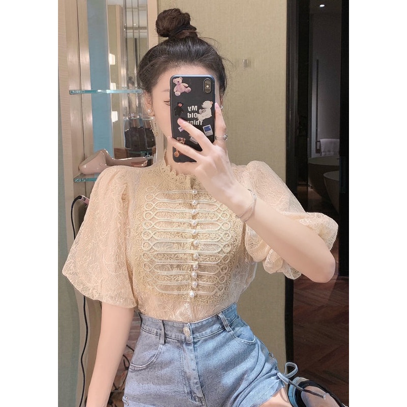 Style Apricot Pearl Button Patchwork Lace Top Puff Sleeve
