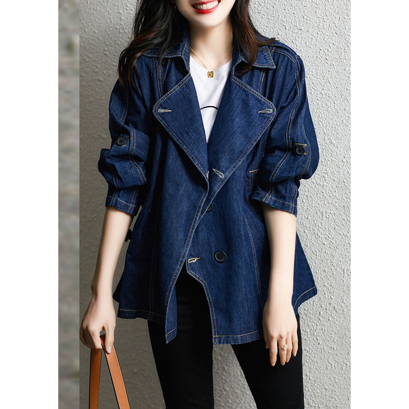 Style Blue Notched Patchwork Button Denim Coats Fall