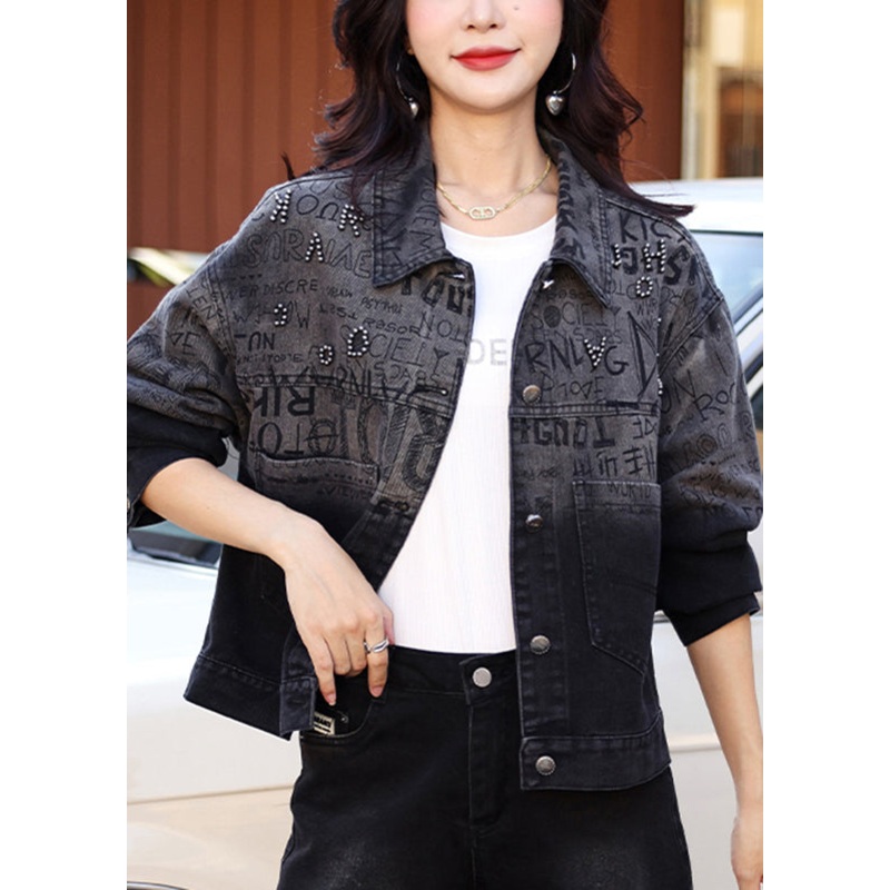 Stylish Black Graphic Print Nail bead Denim Coat Fall