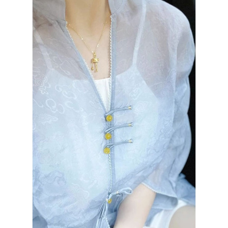 Unique Blue V Neck Button Print Patchwork Silk Shirt Tops Fall