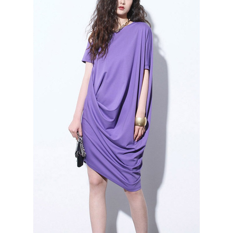 Unique Purple O-Neck Asymmetrical Wrinkled Mid Dresses Short Sleeve