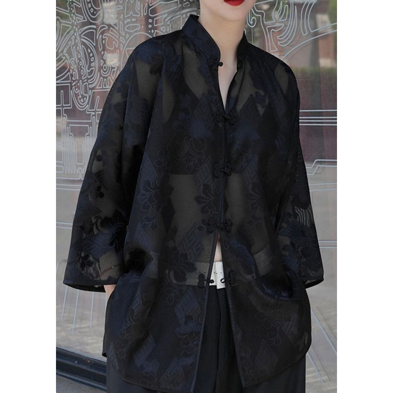 Vintage Black Chinese Button Jacquard Patchwork Silk Shirt Tops Fall