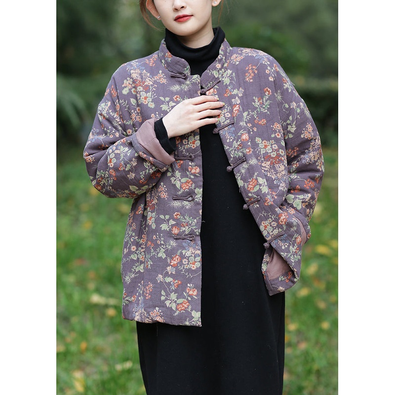 Vintage Purple Print Cotton Filled Parka Long Sleeve