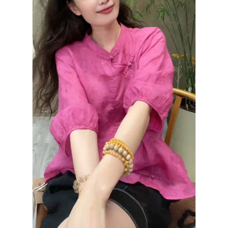 Vintage Rose Stand Collar Chinese Button Linen Tops Fall