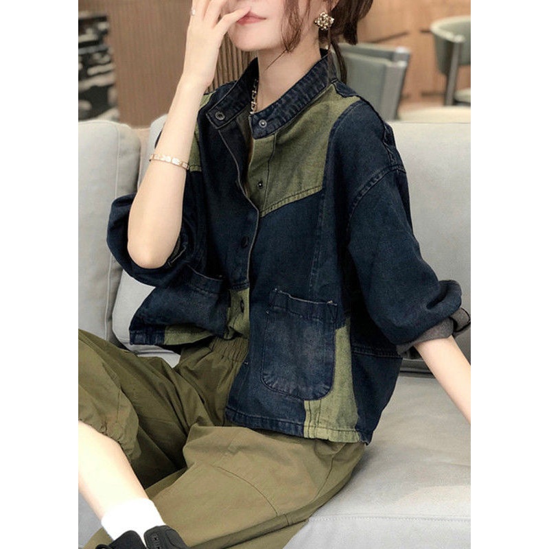 Vintage Stand Collar Pockets Patchwork Denim Coats Fall