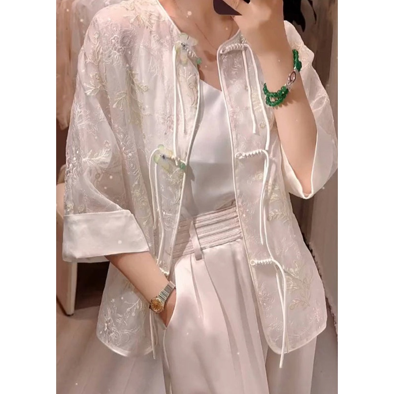 Vintage White Embroideried Chinese Button Patchwork Silk Blouses Summer