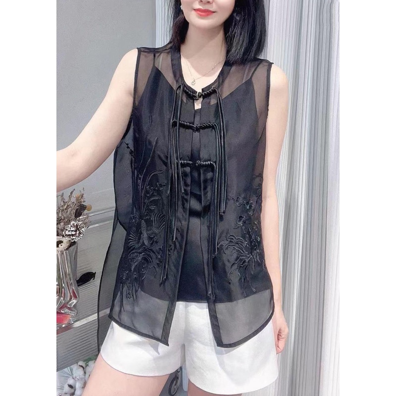 Vogue Black O-Neck Embroideried Button Silk Waistcoat Summer