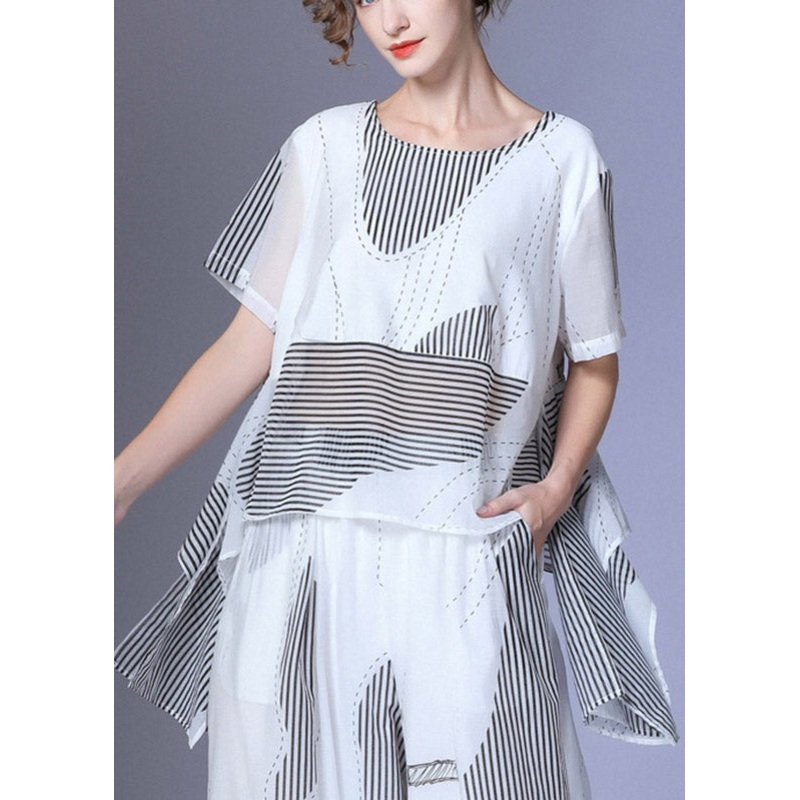 White O-Neck Asymmetrical Silk T Shirt Summer